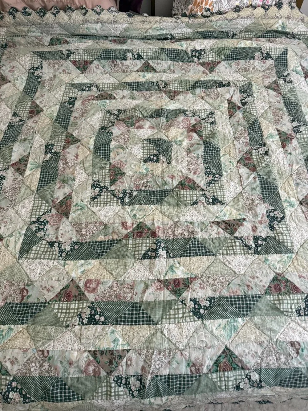 Vintage 90s Patchwork Quilted Sage Floral Grandmillennial Bedspread Coverlet